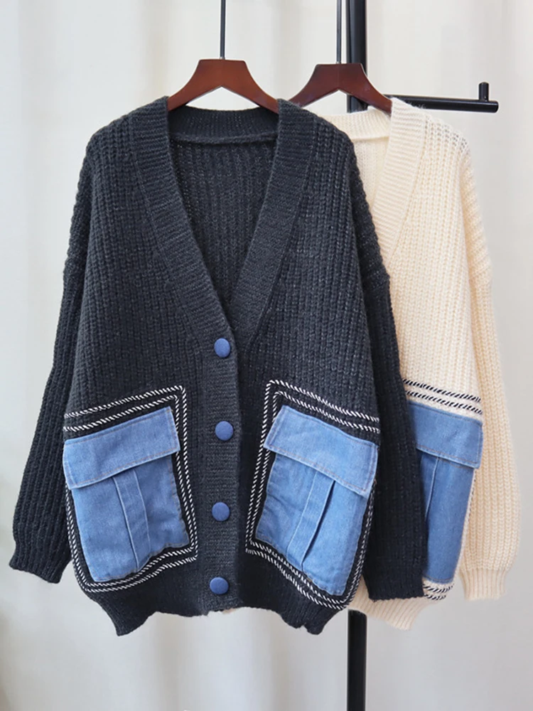 GVUW вязаный джинсовый свитер женский с v-образным вырезом нишевый дизайн
