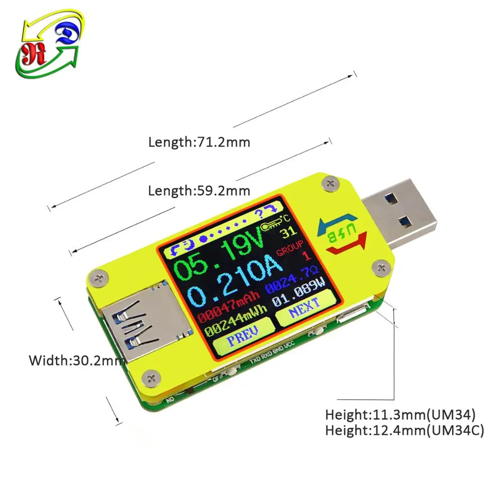Цифровой USB 3.0 UM34C Type-C цветной дисплей Вольтметр постоянного тока амперметр