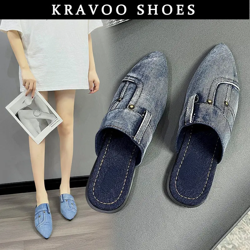 

KRAVOO Shoes for Women Pointed Denim Casual Slippers Retro Mules Women Sandals Blue Outdoor Slides Ladies Beach Slipper 2023