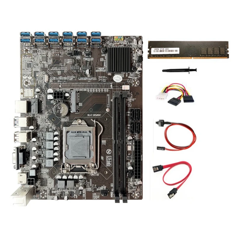 

B250C BTC Mining Motherboard 12XPCIE To USB3.0 Slot LGA1151 DDR4 4GB 2133Mhz RAM+4PIN To SATA Cable+Switch Cable