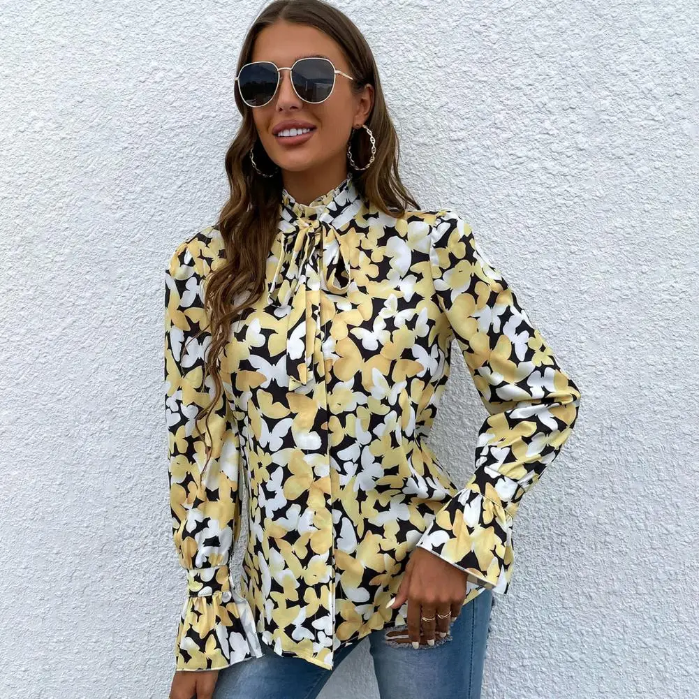 

Breathable Retro Female Office Ladies Shirt Printing Top Lightweight Women Shirt Flare Long Sleeves Workwear
