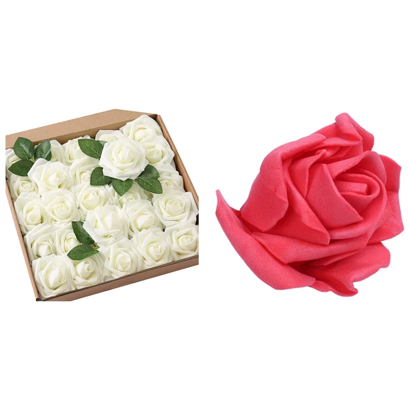 

75 Pcs Foam Rose Artificial Flower Head For DIY Wedding Bouquets Party Home Decorations, 50 Pcs Red & 25 Pcs Milky White