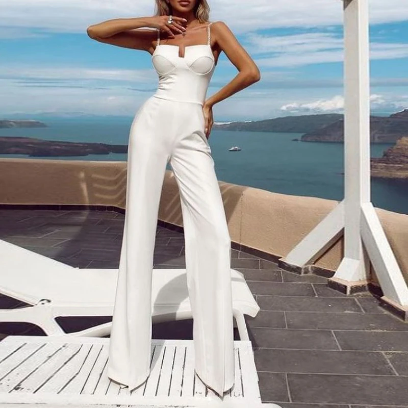 2022 Early Autumn New Slim Sleeveless Slip Sexy Jumpsuit Woman Elegant White Solid Casual Wide Leg Pant Female Office Commute