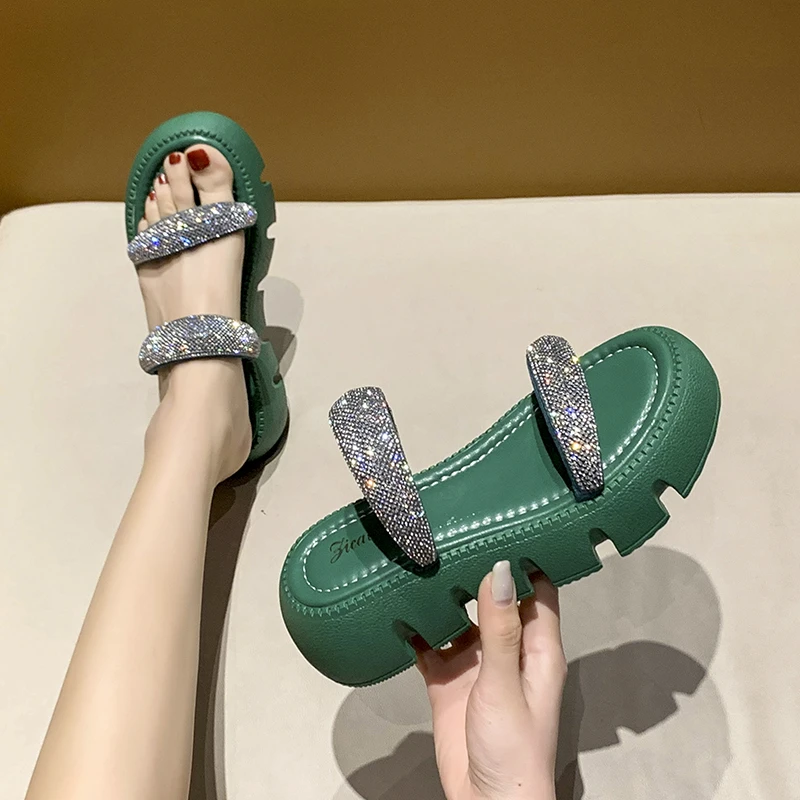 

2022 New Summer Flat Platform Orange Slippers Women Sandals Luxury Crystals Shoes 5cm Chunky Sole Cool Slides Shoes for Women