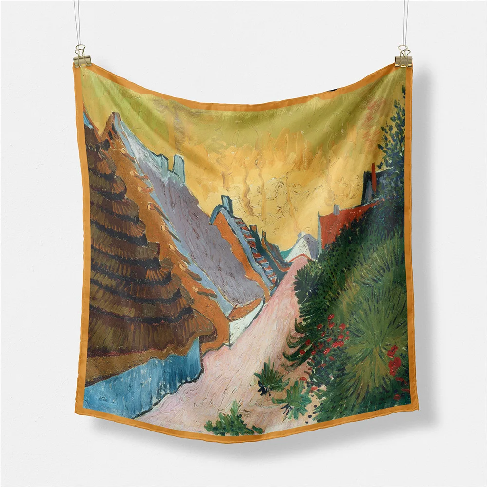 

Женский саржевый шелковый шарф, квадратная повязка на голову с рисунком в деревне, маленький хиджаб, шейный платок, 53 см