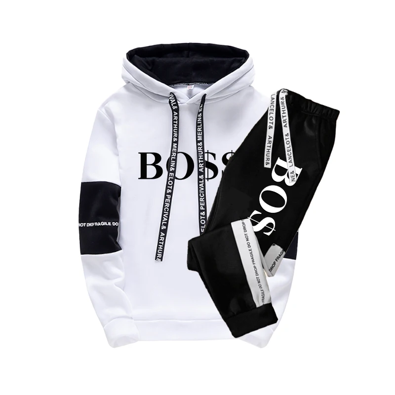 

Luxury Men's Hooded Tracksuit Letter Black White Color Matching Hoodies + Sweatpants 2 Pcs Set Outdoor Sportwear Leisure Suit
