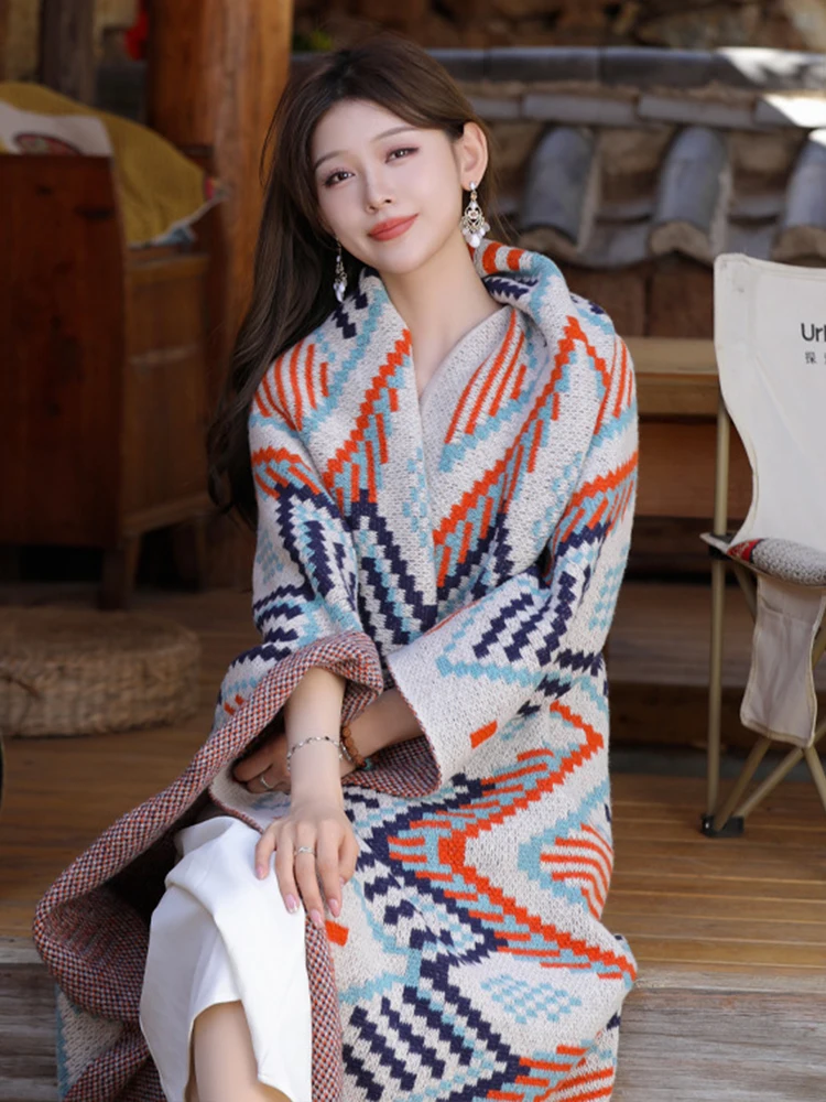 Новинка 2023 вязаный Элегантный женский шарф зимнее винтажное клетчатое пончо