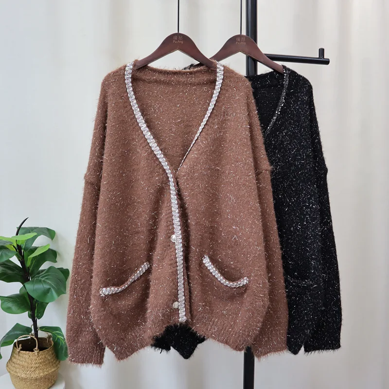 DEAT женский кардиган свободный с длинным рукавом яркий шелковый дизайн блестки