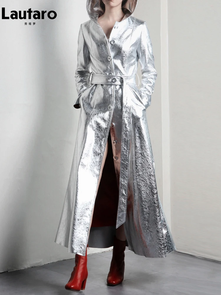 Lautaro Spring Autumn Extra Long Cool Silver Shiny Reflective Pu Leather Trench Coat for Women with Hood Luxury Runway Fashion