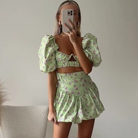 ardm sweet square collar floral print summer blouse women 2022 sexy puff sleeve belly button exposed backless lace up crop tops