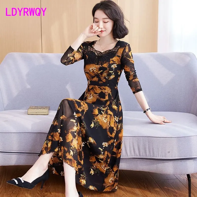 

Женское кружевное платье с длинным рукавом, элегантное Сетчатое платье с длинными рукавами и цветочным принтом, весна-осень 2023