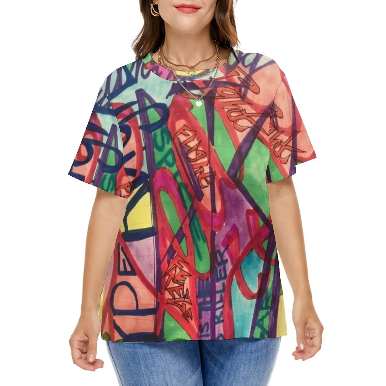 

Word Graffiti Print T-Shirt Abstract Letter Kawaii T-Shirts Short Sleeve Casual Tshirt Summer Printed Clothing Plus Size 5XL 6XL