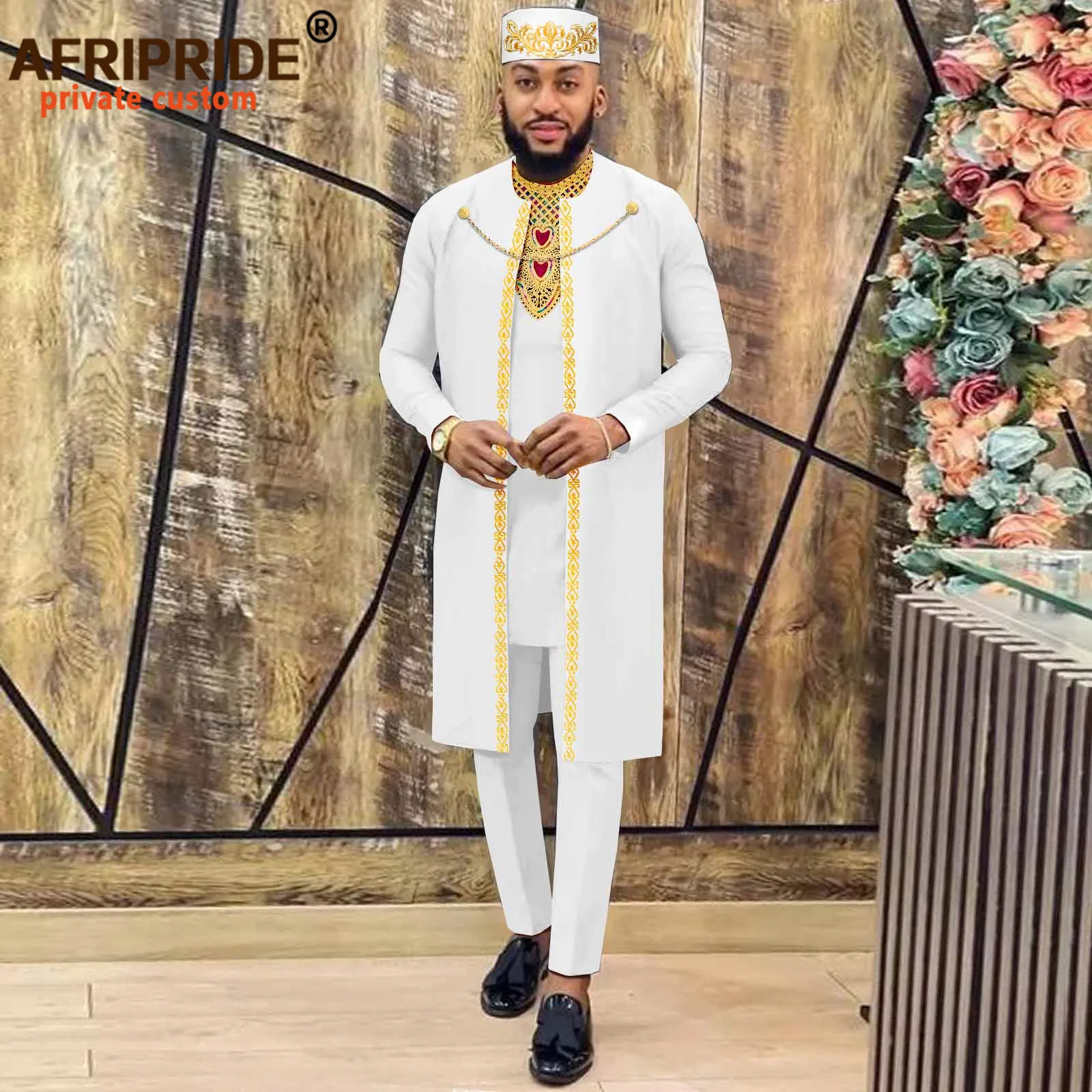 

Африканская одежда для мужчин, халат Agbada, вышивка, рубашка, брюки, шапки, комплект из 4 предметов, цепочка, Дашики, наряды для свадьбы, вечеринки A2216013