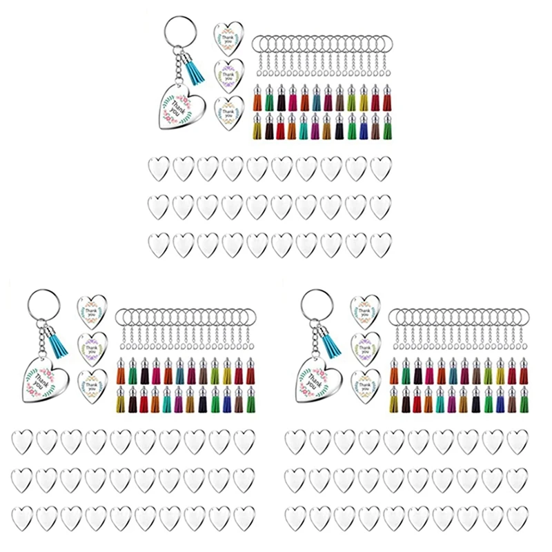

270 шт. акриловые диски, прозрачные заготовки в форме сердца для брелоков, подвески и цветные кольца для ключей с кисточками для рукоделия, из...