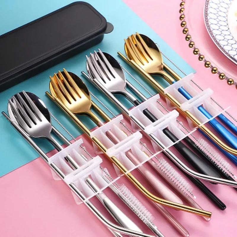

5pcs/set Portable Tableware Cutlery Set Stainless Steel Dinnerware School Travel Flatware Set Dinner Knife Fork Spoon