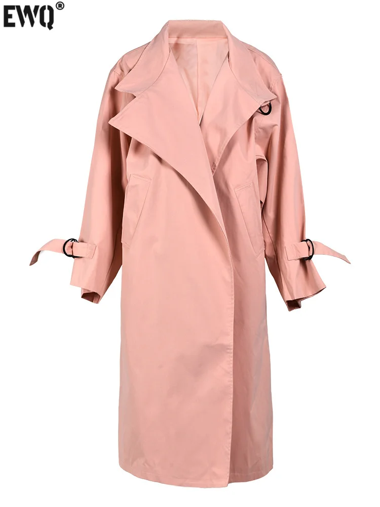 

[EWQ] Elegant Women Pink Windbreaker Jacket Fashion Loose Lapel Long Sleeve Bandage Trench Coat 2023 Autumn Winter New 16U4143
