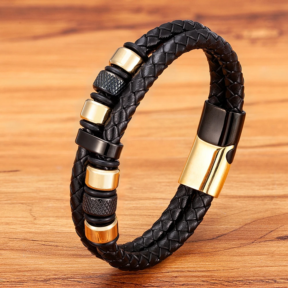 

TYO Fashion Double Layers Stainless Steel Mens Bracelet Braided Genuine Leather Combination Magnetic Clasp Bangles Dropshipping
