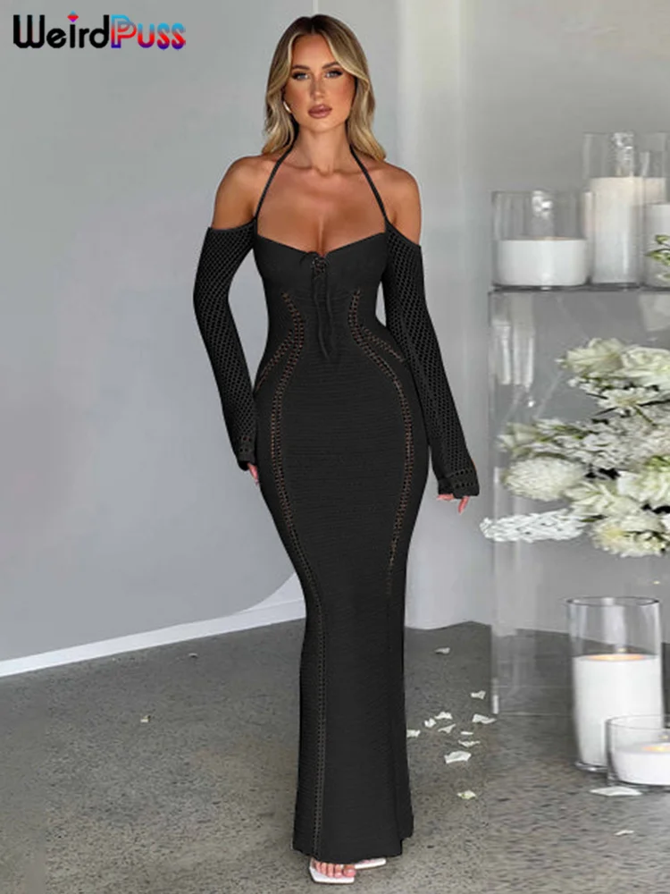 

Женское трикотажное платье с открытыми плечами, открытой спиной и лямкой на шее