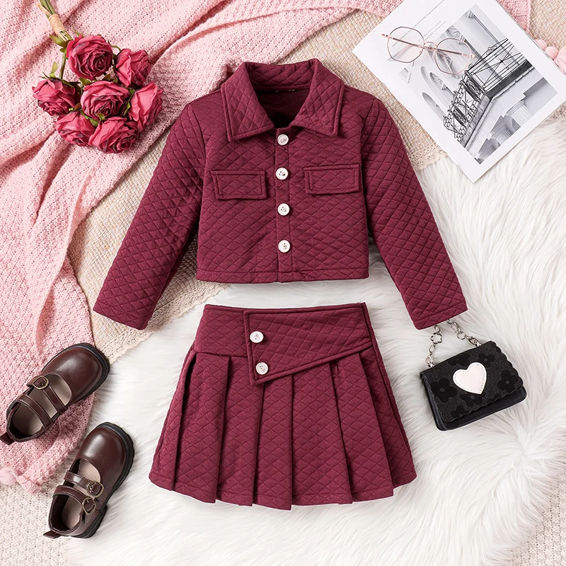 

Toddler Girl 2 Piece Outfit Quilted Long Sleeve Button Jacket and Pleated Skirt Set for Toddler Fall Clothes