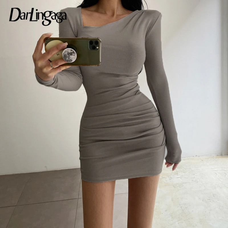 

Darlingaga Asymmetrical Skinny Long Sleeve Autumn Dress Women Fold Basic Casual Dress Slim Korean Fashion Draped Outfits Dresses