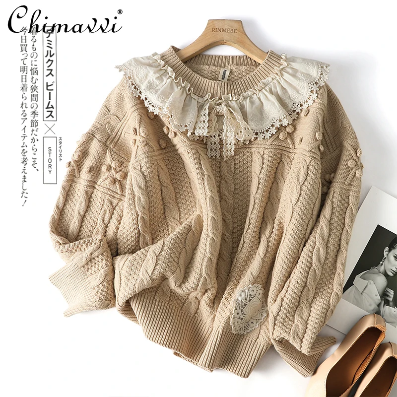 Японский новый осенне-зимний шерстяной пуловер смешанный витой цветок лотос