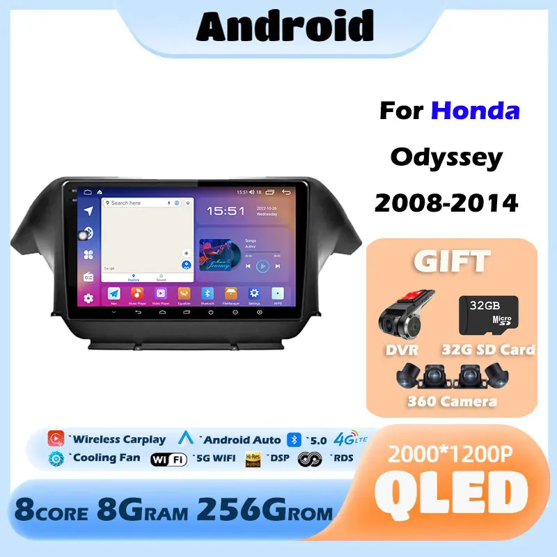 

Автомагнитола QELD/IPS для Honda Odyssey 2008-2014 Android 13, автомобильный радиоприемник Android, 4G, Wi-Fi, Carplay, мультимедийный плеер 360, камера, Авторадио