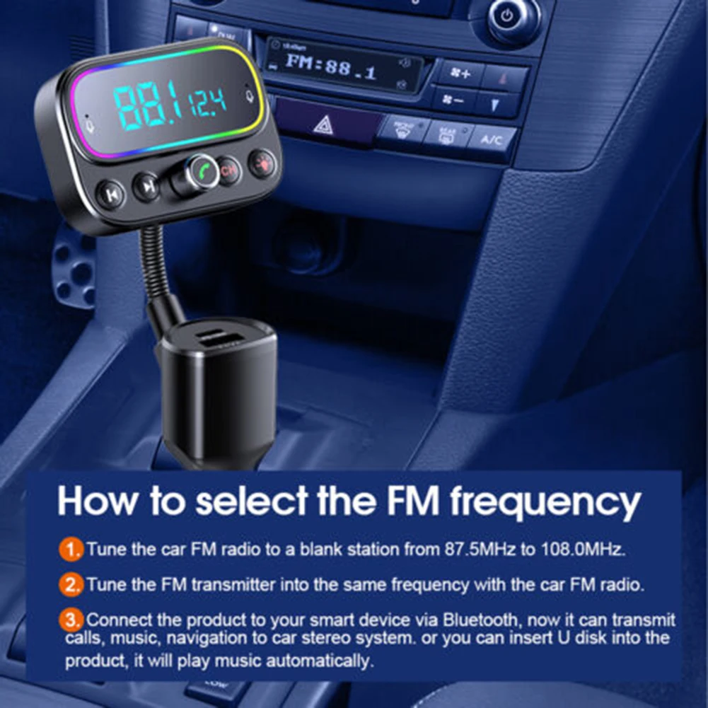 

Автомобильное зарядное устройство с FM-передатчиком, Bluetooth, FM-плеер, быстрое зарядное устройство USB Type-C, Высококачественное универсальное за...