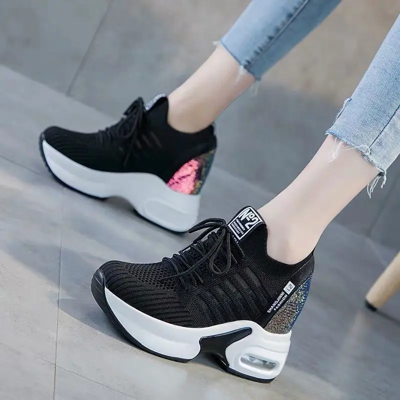 

Women Wedges Chunky Sneakers BreathableMesh L .ace Up Casual Female Shoes White BlackKorean Fashion Summer 2023 Tenis Feminino