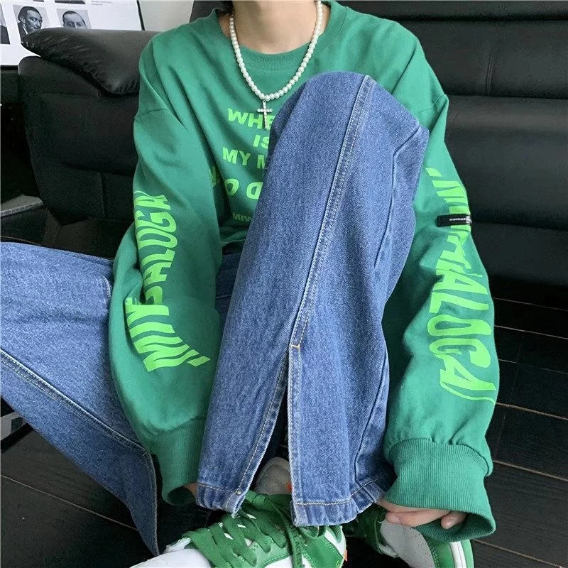 Men Jeans Summer Loose Washed-out Split Jeans Streetwear Vintage Korean Style Jeans Men Mid-Waist Denim Straight Wide-Leg Pants