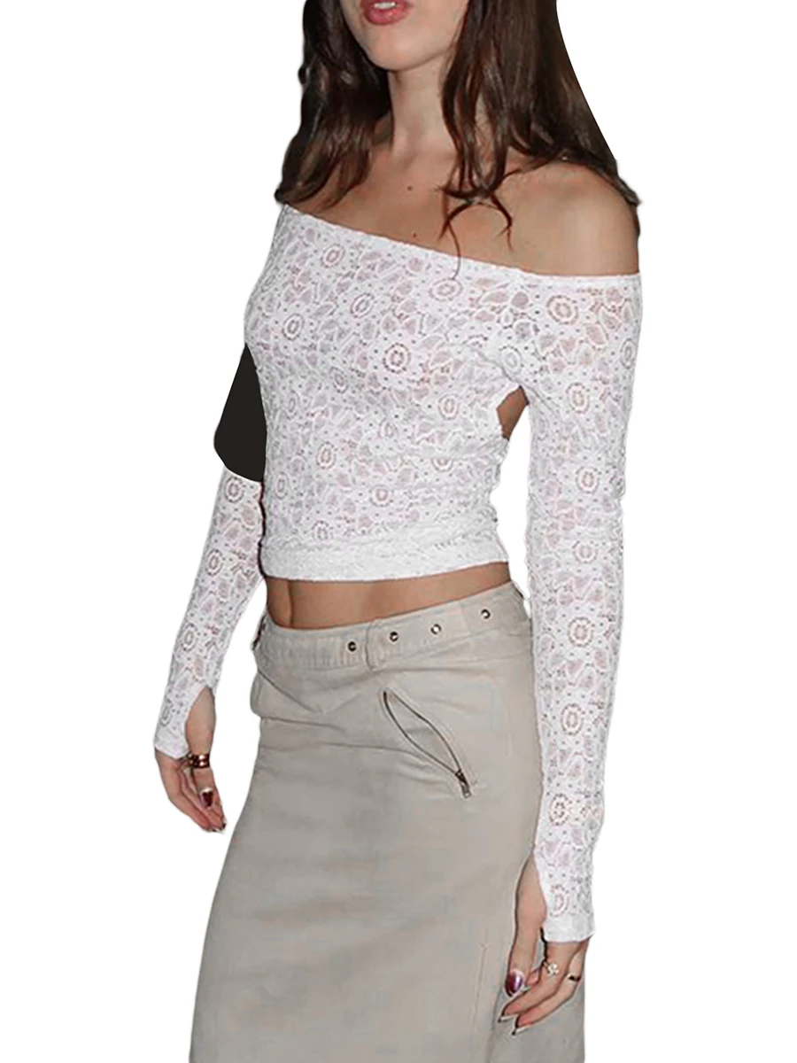 

Women s Off Shoulder Floral Print Lace Top Backless Long Sleeve Crop Top See Through Wrapped Lace Blouse Summer Fall Clothes -