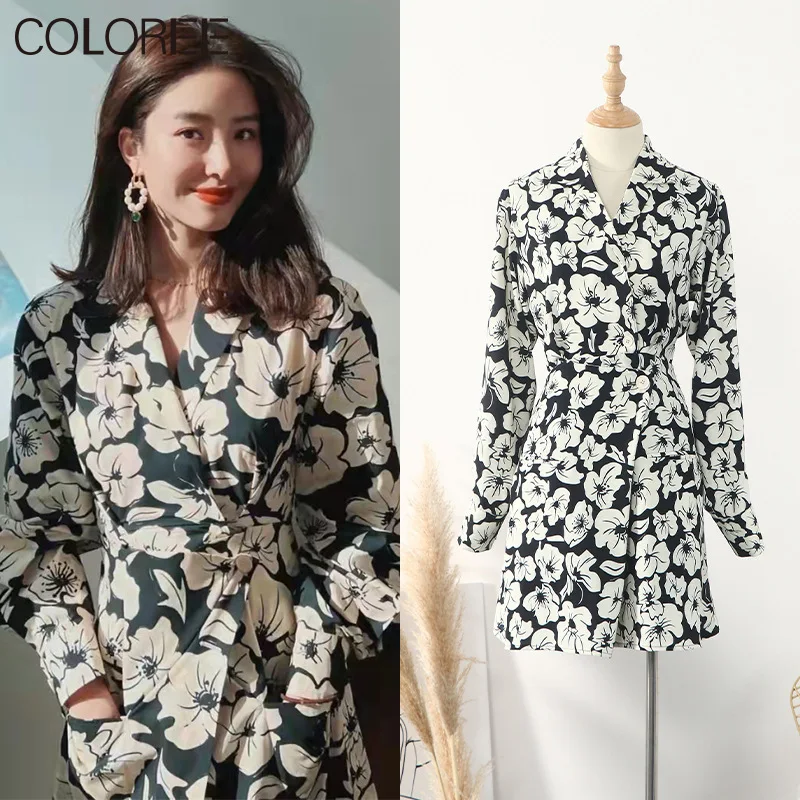 

Vintage Floral Printed Shirt Dresses for Women 2022 Spring Autumn Elegant Long Sleeve Mini Dress Vestidos De Mujer Casual