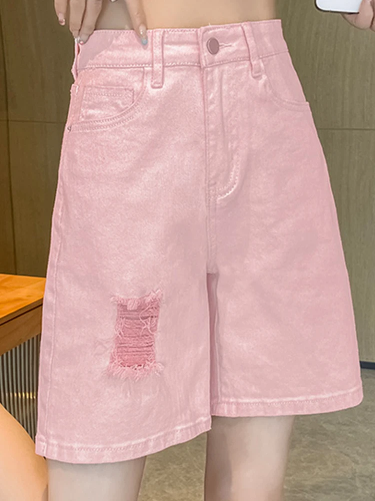 Vintage High Waist Perforated Jeans Loose Straight Crop Pants 2023 Summer New Fashion Women'S Clothing