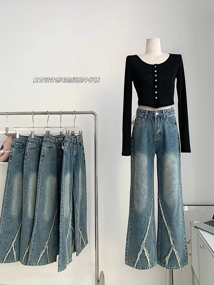

Retro Wash Gradient Women Jean Trouser 2022 Autumn Winter New High Waist Loose Wide Leg Female Denim Pants Vintage Tassel Design