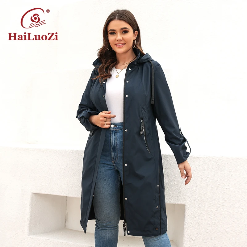 HaiLuoZi Women's Spring Coat 2022 High Quality Mid-Length Plus Size Women Jacket Fashion Casual Hooded Windproof Outwear 9722