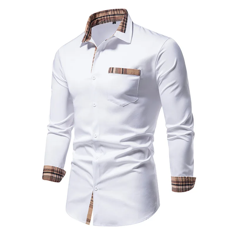 2022 Men Plaid Patchwork Formal Shirts for Slim Long Sleeve White Button Up Spring Business Office  landuxiu