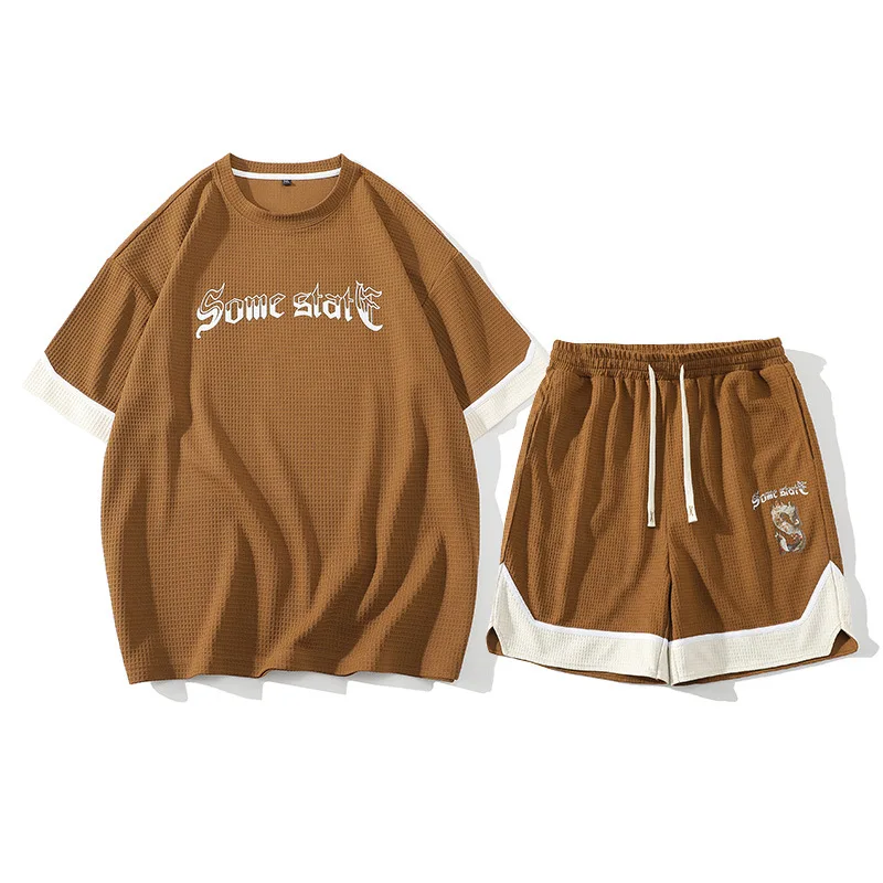 Waffle Suit Men's Set Summer Color Matching Loose Sports Casual Fashion Handsome Short Sleeve T-shirt Shorts Two Piece Set