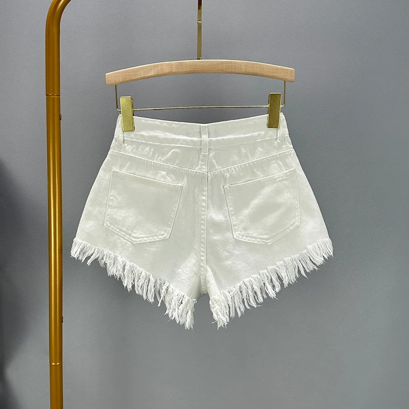 European Sexy Raw Edge Denim Shorts Women Summer 2023 New High Waist Single-Breasted Slim Diamond-Embedded Wide-Leg Short Pants