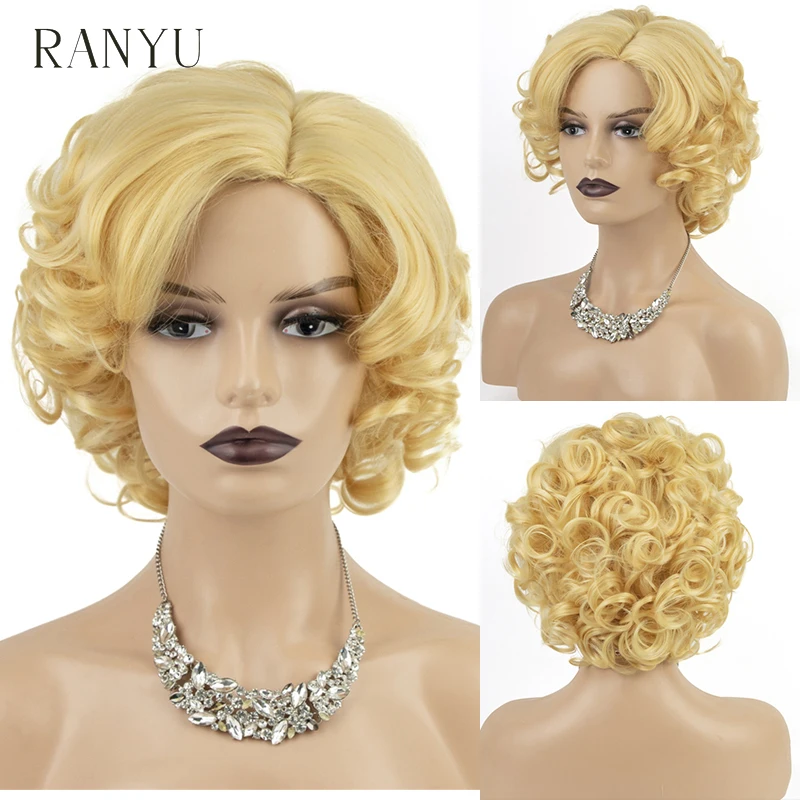 

RANYU Women's Wavy Short White Blonde Daily Wig American African Synthetic Black Brown Fake Hair for Women Cosplay Wigs