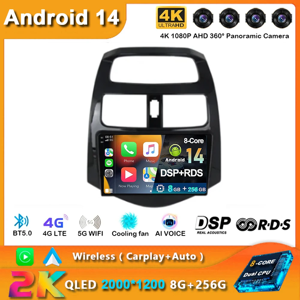 Автомагнитола Carplay на Android 14 для CHEVROLET Spark Beat Matiz Creative 2010 - 2014 с навигацией GPS