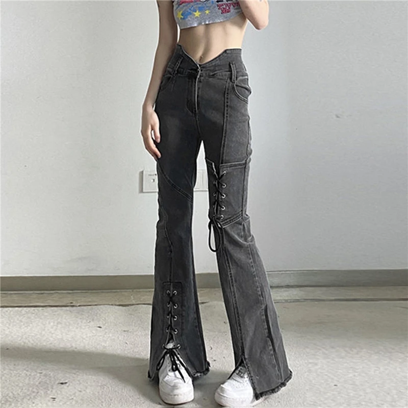 

Женские джинсы, повседневные брюки из денима, женские брюки в уличном стиле, длинные брюки-клеш в стиле хип-хоп, однотонные брюки с высокой талией и колокольчиком