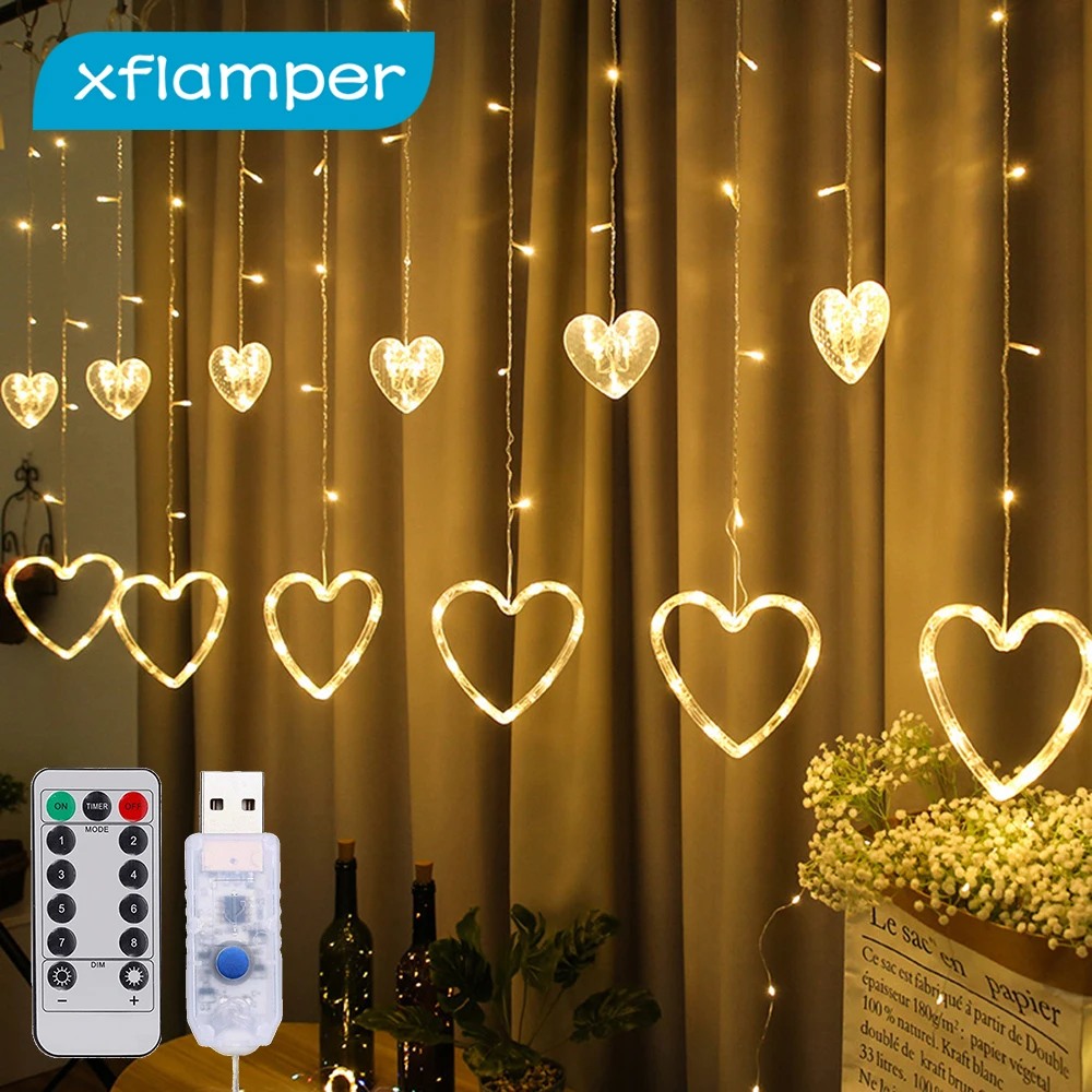 

138LED USB Curtain Lights Love Heart Shape with Remote Control for Valentines Day Bedroom Party Wedding Decoration