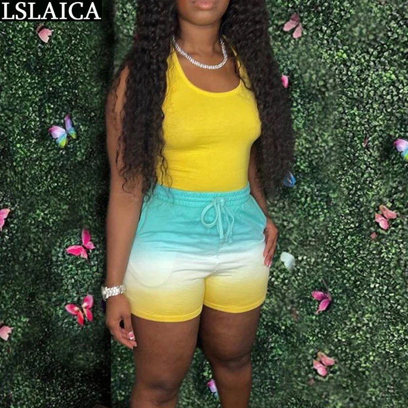 

Women's Tracksuit 2 Piece Set Chic Sport Sleeveless T-shirt and Elastic Waist Shorts Tie-dye Print Women's Suit Free Shipping