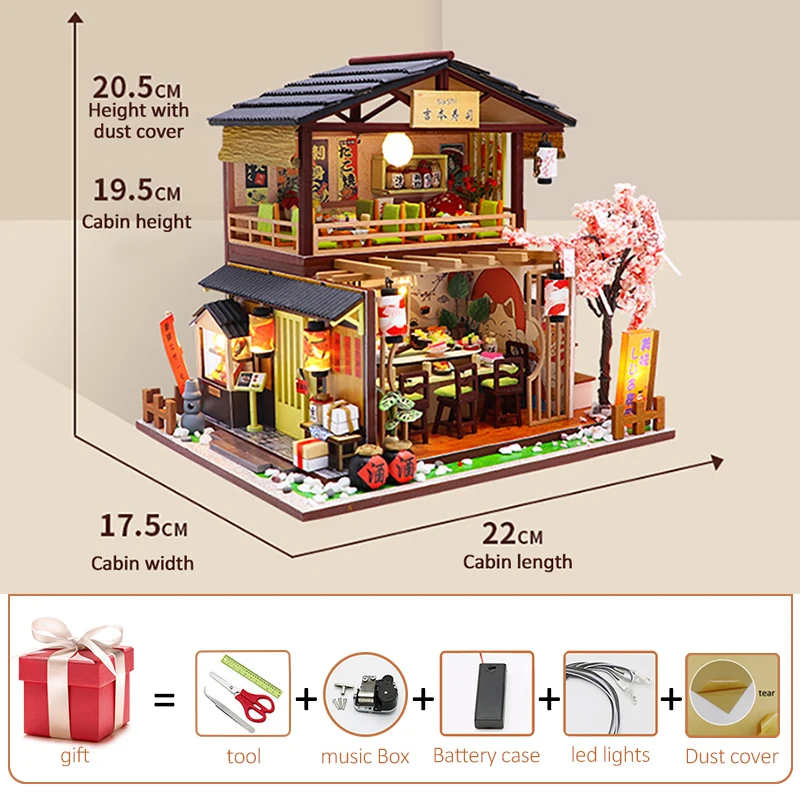 

Tiny Dollhouse Diy Miniature Kit Roombox Tiny House Sushi Shop Assemble Model Wooden Doll House Furniture Kids Toys