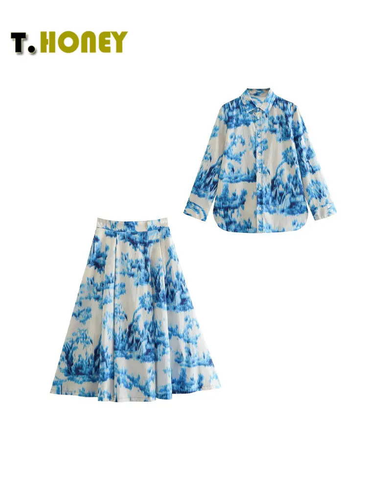 

TELLHONEY Женская мода с длинным рукавом однобортная блузка с молнией сзади трапециевидная плиссированная юбка Женский Повседневный костюм из двух частей с принтом