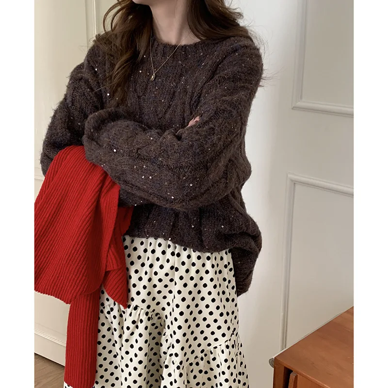 

Autumn and Winter Jumper Christmas Models Twist Pattern Women's Jumper Round Neck Loose Slouchy Style Knitted Hundred Tops