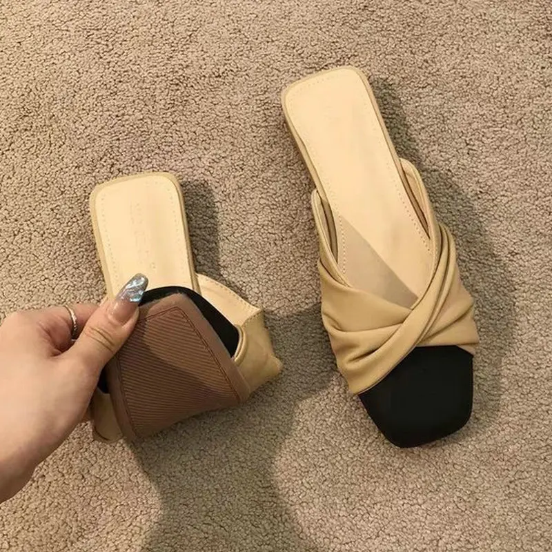 Women Slippers 2023 Fashion Gentle Pleated Lazy Square Toed Flat Mixed Colors Casual Slides Summer Shoes Female Zapatos Para