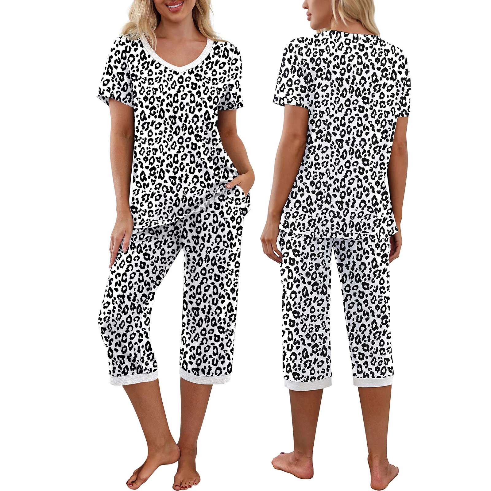 8 Colors Women's Casual Pajama Set Short Sleeve V Neck T-shirt and Capri Pants Sleepwear Floral/Leopard Lounge Suits