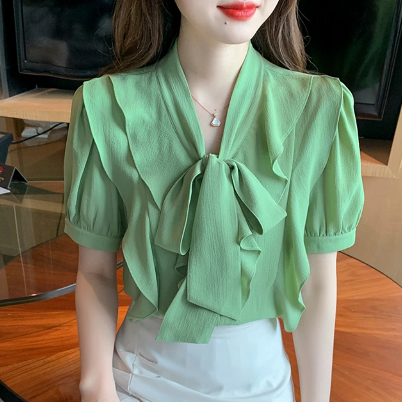 

Шифоновые рубашки на шнуровке, женские новые летние блузки с воланами, рубашка, женская шифоновая рубашка с коротким рукавом, модные женски...