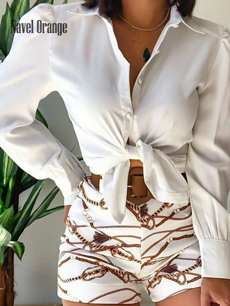 

Women Loungewear Turn-Down Collar Streetwear 2PCS Outfit Spring Autumn Printed Long Sleeve Elegant Ladies Suit Sashes Shorts Set