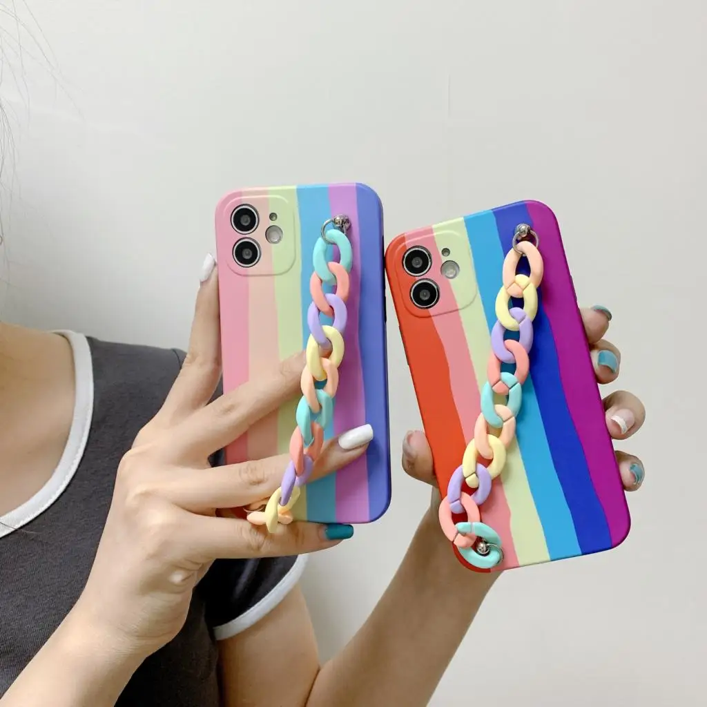 

Rainbow Bracelet Wrist Strap Luxury Phone Case For iPhone 14 13 12 11 Pro MAX XR X SE XS 7 8 Plus Soft Silicone Chain Back Cover
